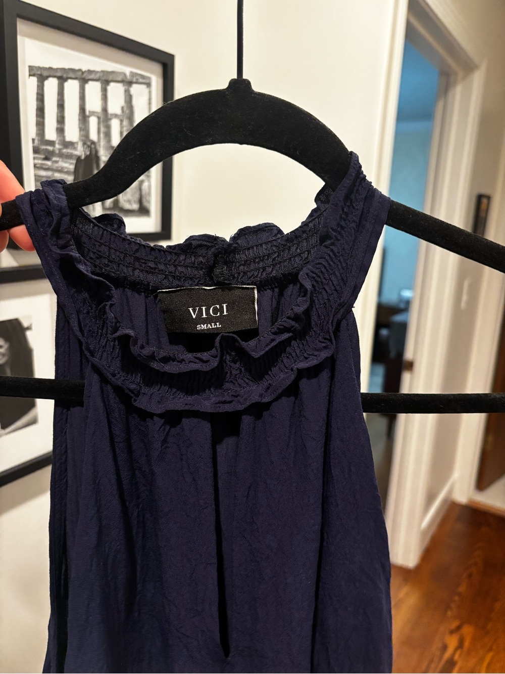 Vici Dark Navy Ruffled Halter Tank dress with smocked waist